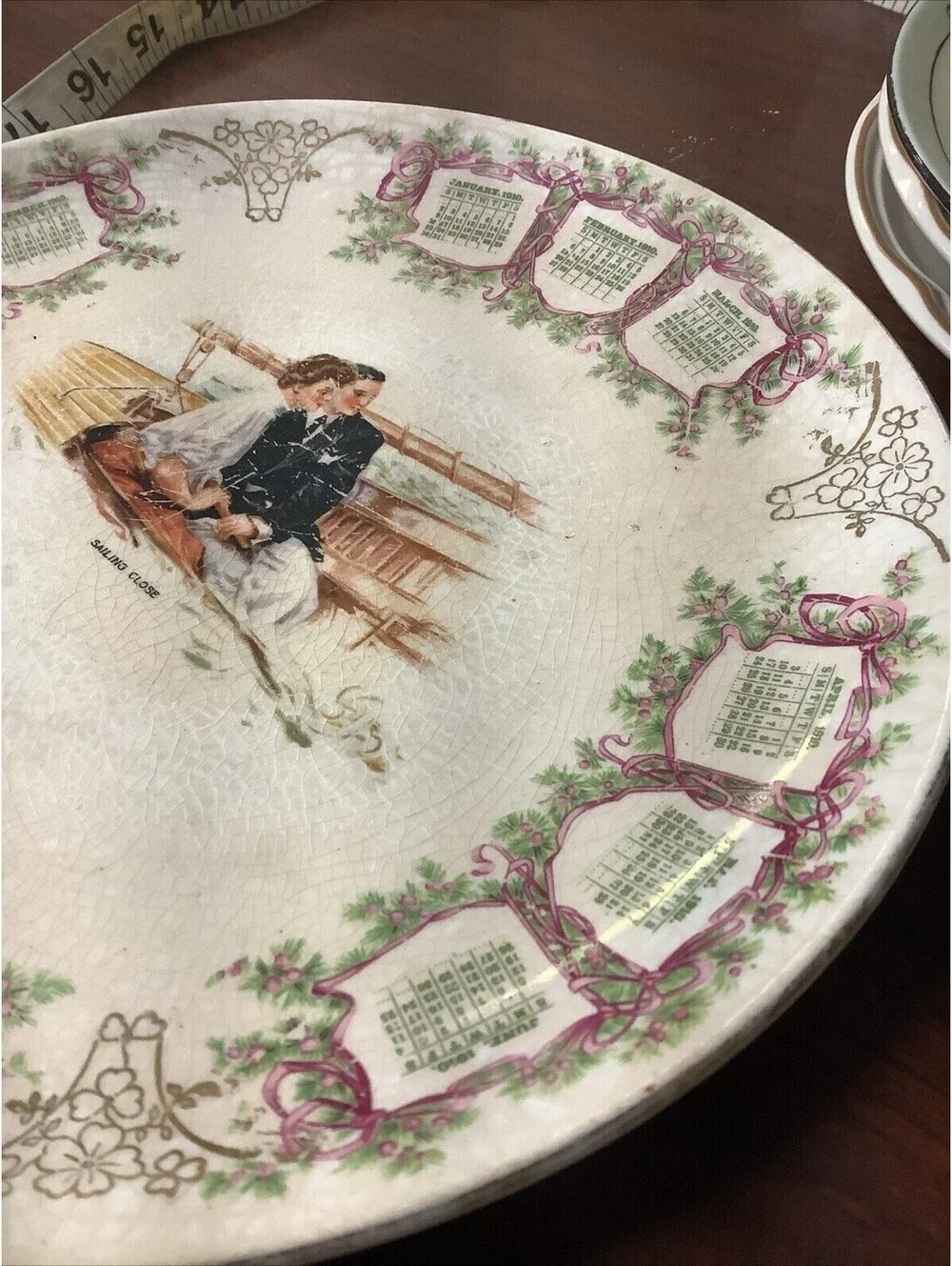 1910 Dresden China Advertising Calendar Plate Sailing Close